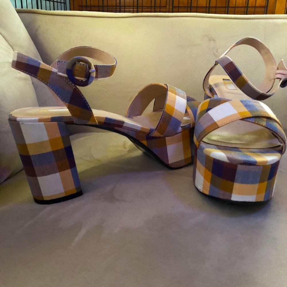 Yellow and Blue Plaid Chunky Sandal Heels